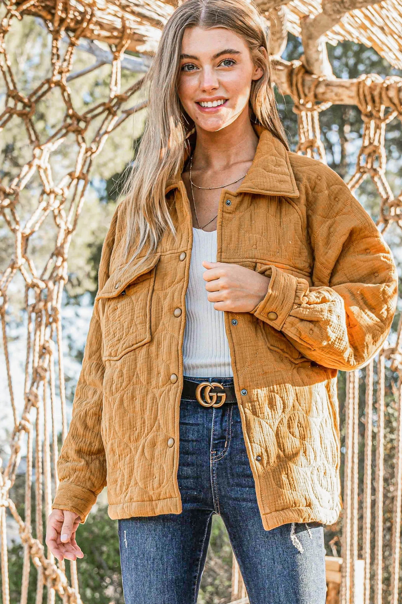 All Over Quilted Jacket in Camel