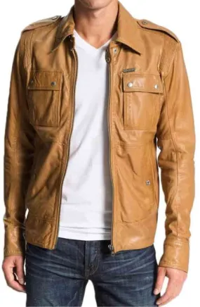 Asomo Brown Leather Jacket Men Biker Motorcycle Sheepskin