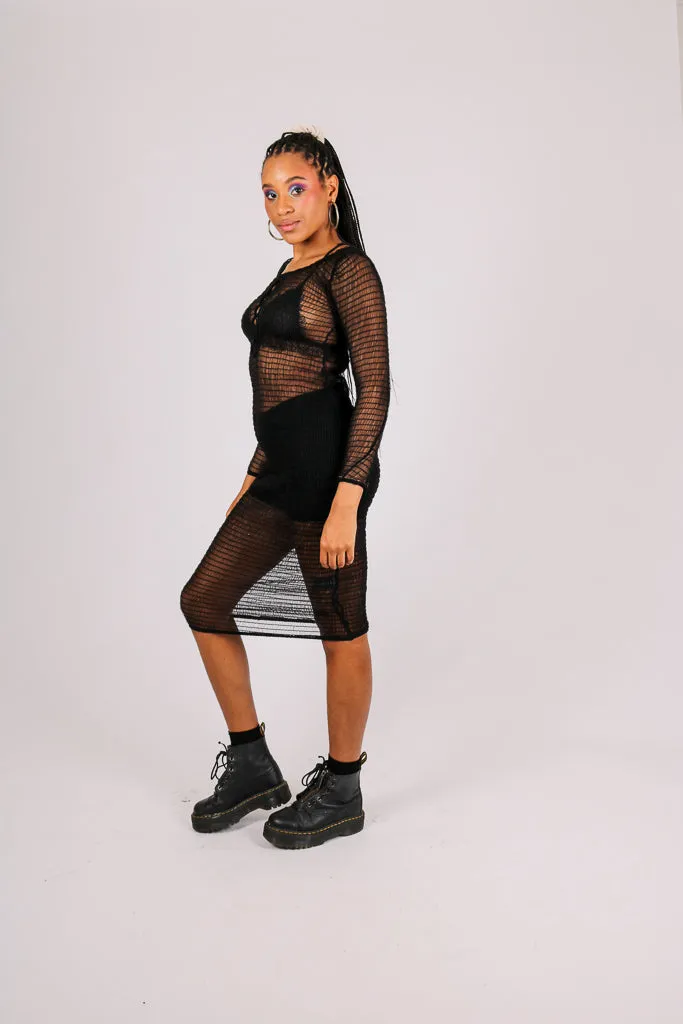 Black Mesh Midi Dress with Lace Up Frontal