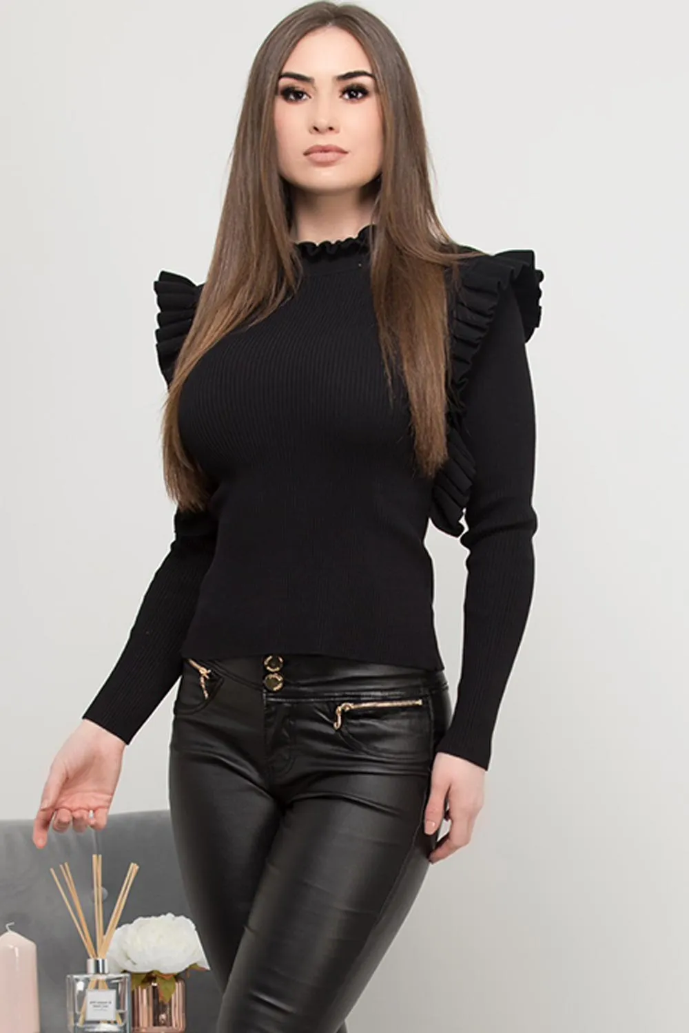 Black Ribbed Knitted Frill Detail Jumper Top