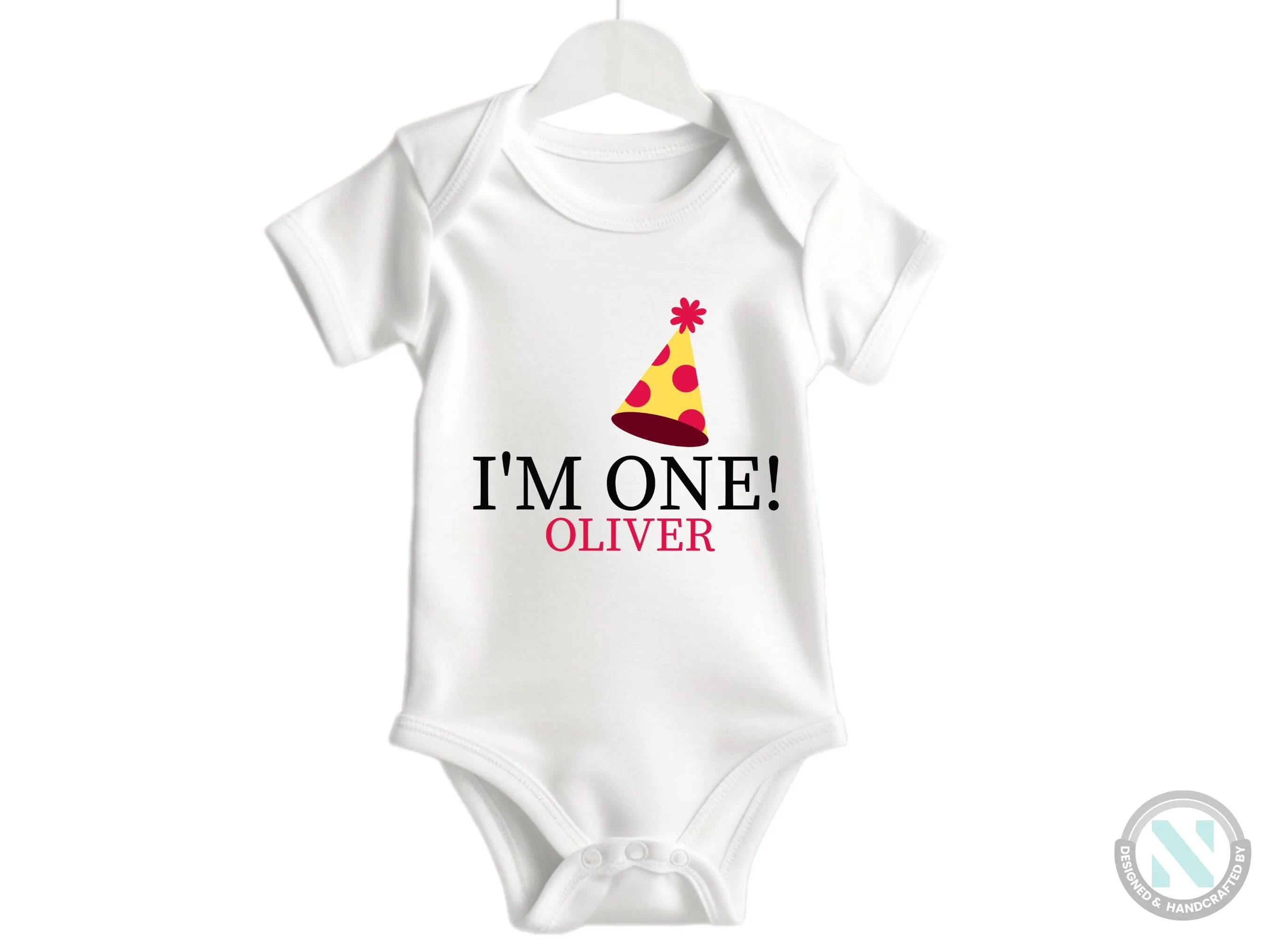 Custom Name Baby Boy's Short Sleeve Bodysuit with I'm One Text