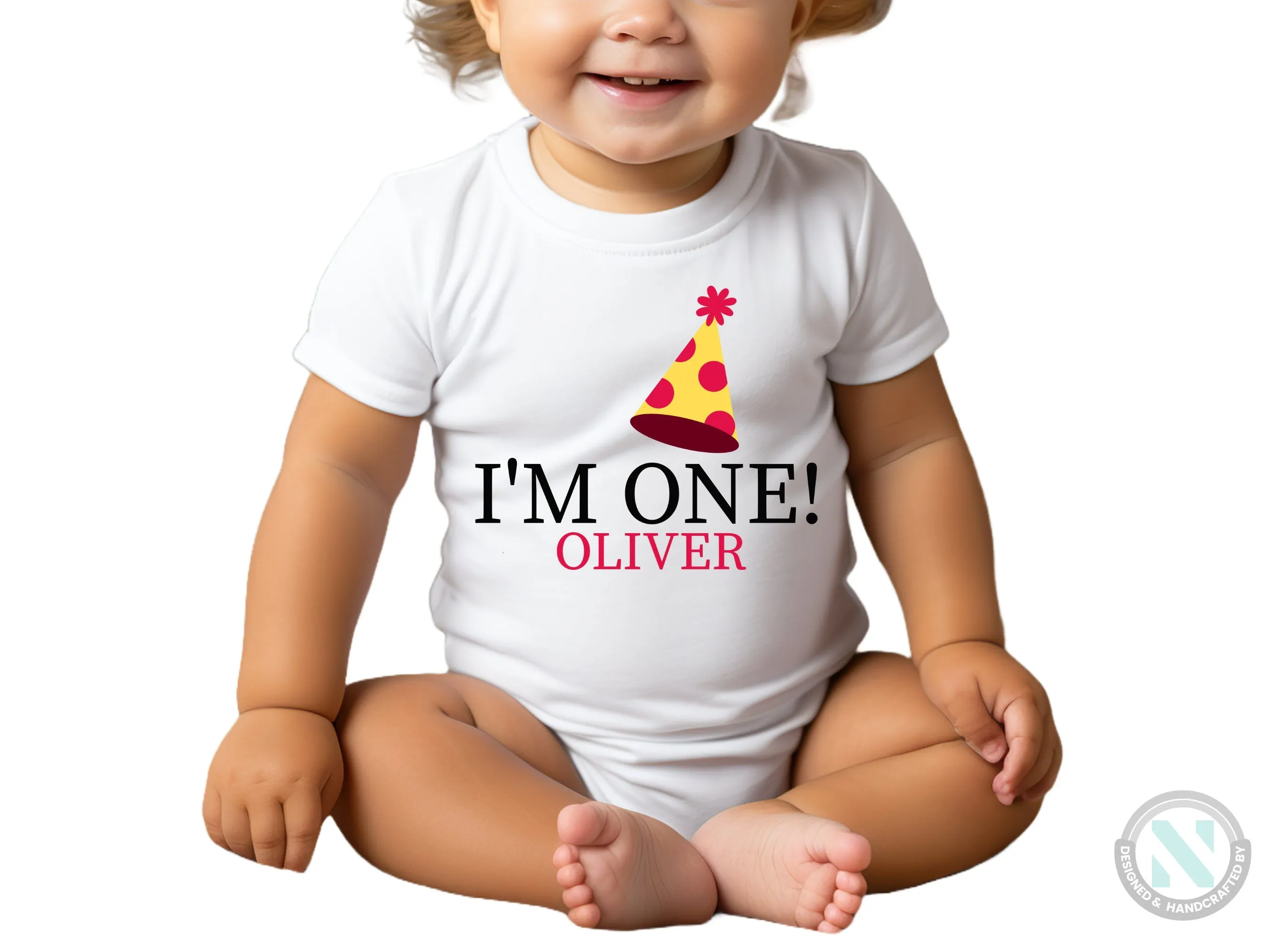 Custom Name Baby Boy's Short Sleeve Bodysuit with I'm One Text