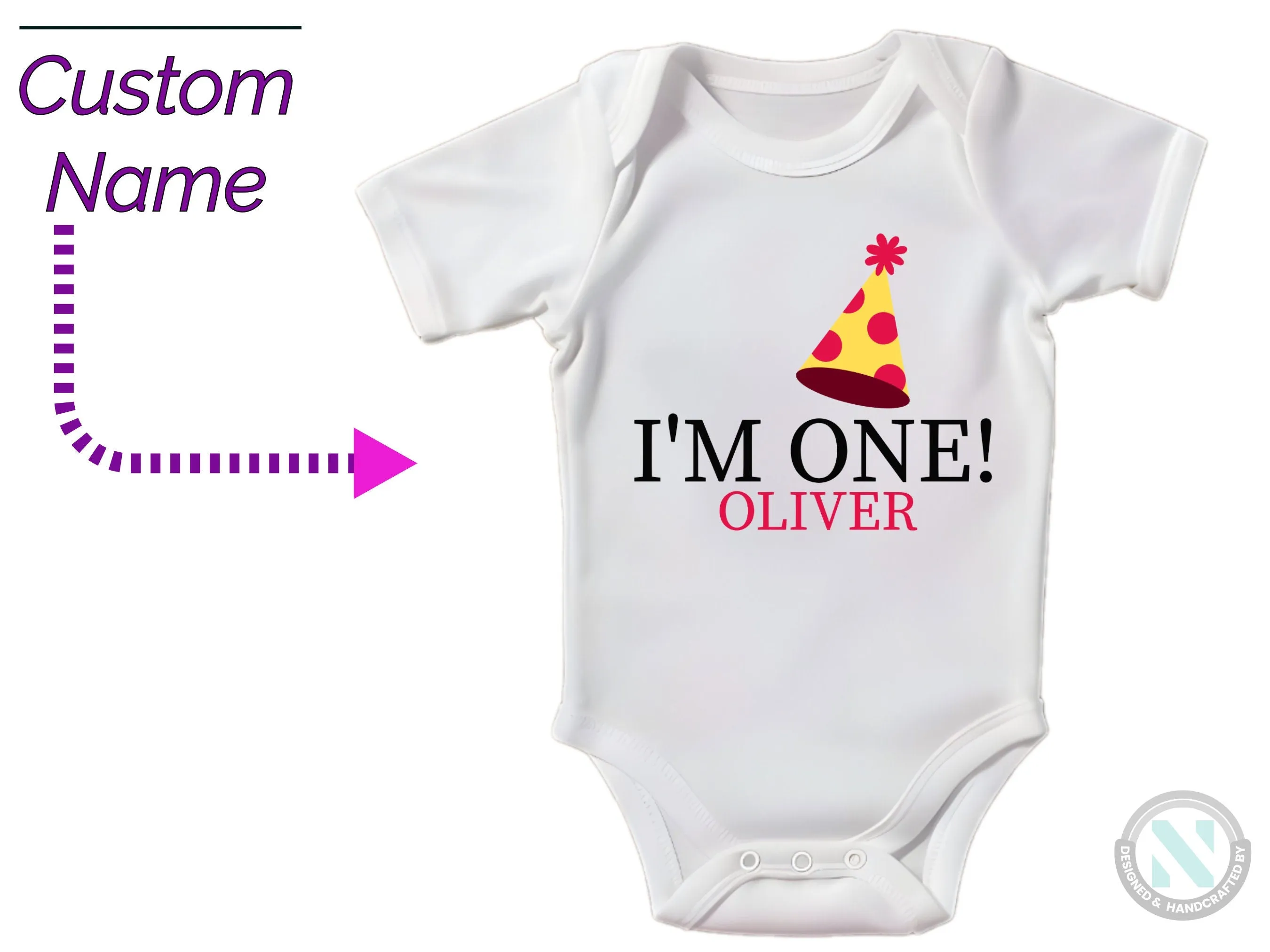 Custom Name Baby Boy's Short Sleeve Bodysuit with I'm One Text