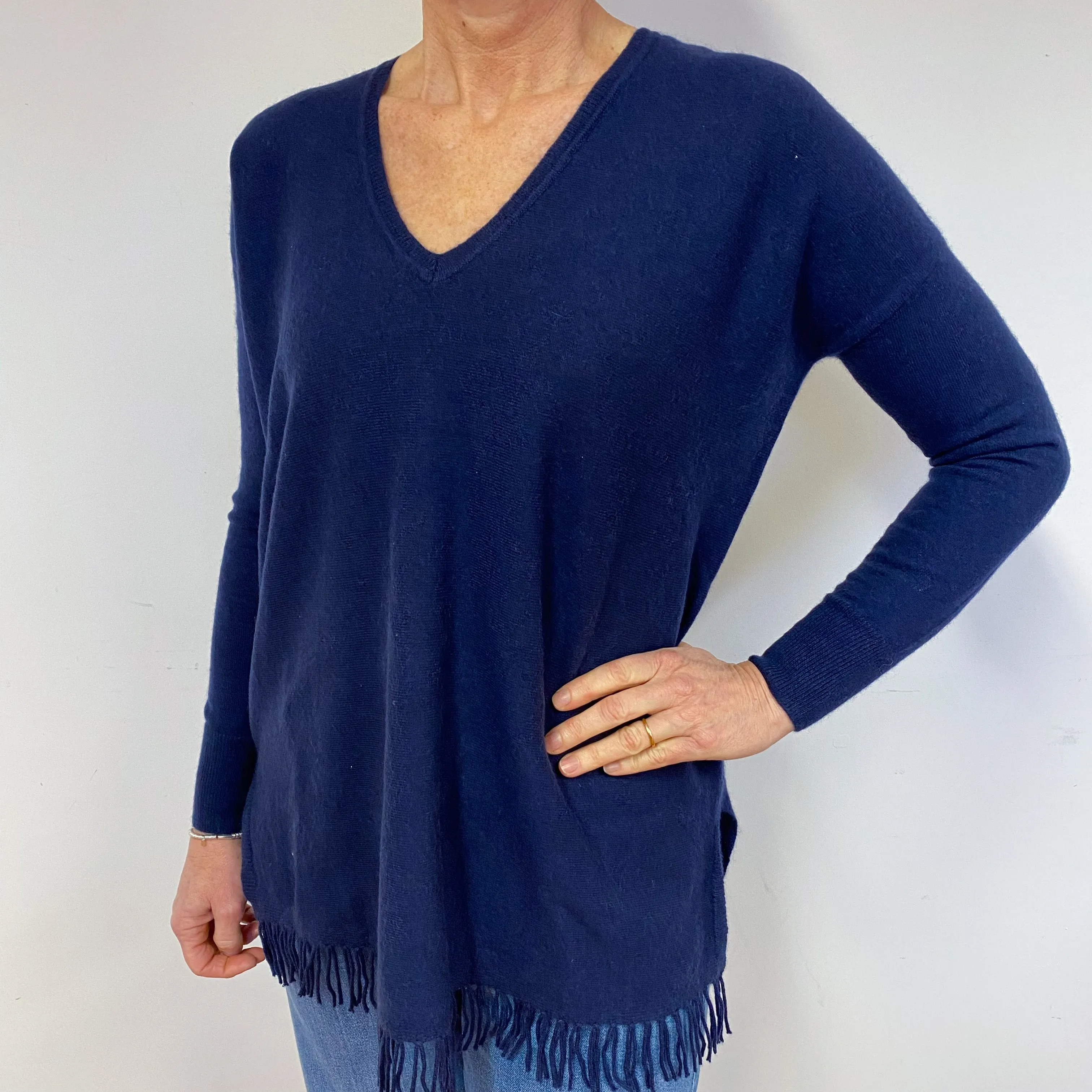 Designer Navy Tassel Cashmere V-Neck Jumper Medium