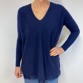 Designer Navy Tassel Cashmere V-Neck Jumper Medium