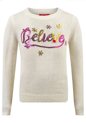 Girls Cream Believe in Santa Christmas Novelty Jumper