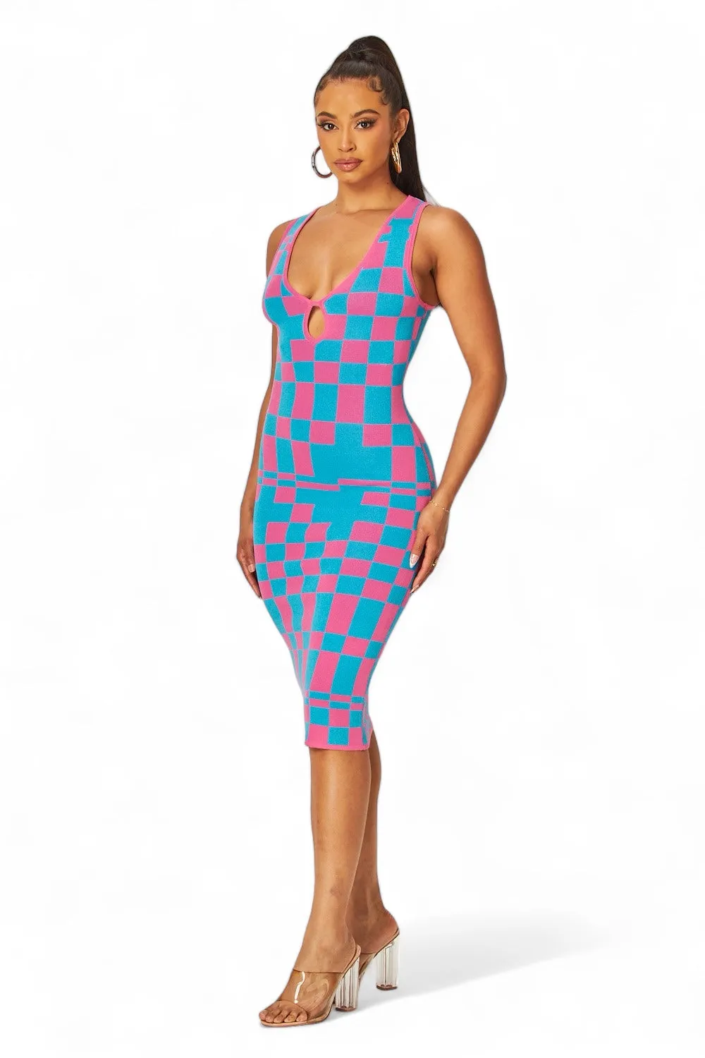 Harper Checkered Keyhole Knit Midi Bodycon Dress