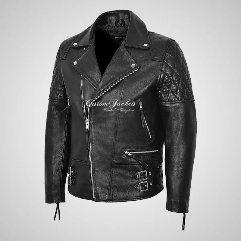 HIGHWAY Mens Leather Biker Jacket Thick Cowhide Leather Jacket