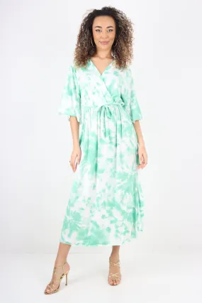 Italian Printed Elasticated Waist Tie Dye Wrap Over V Neck Maxi Dress