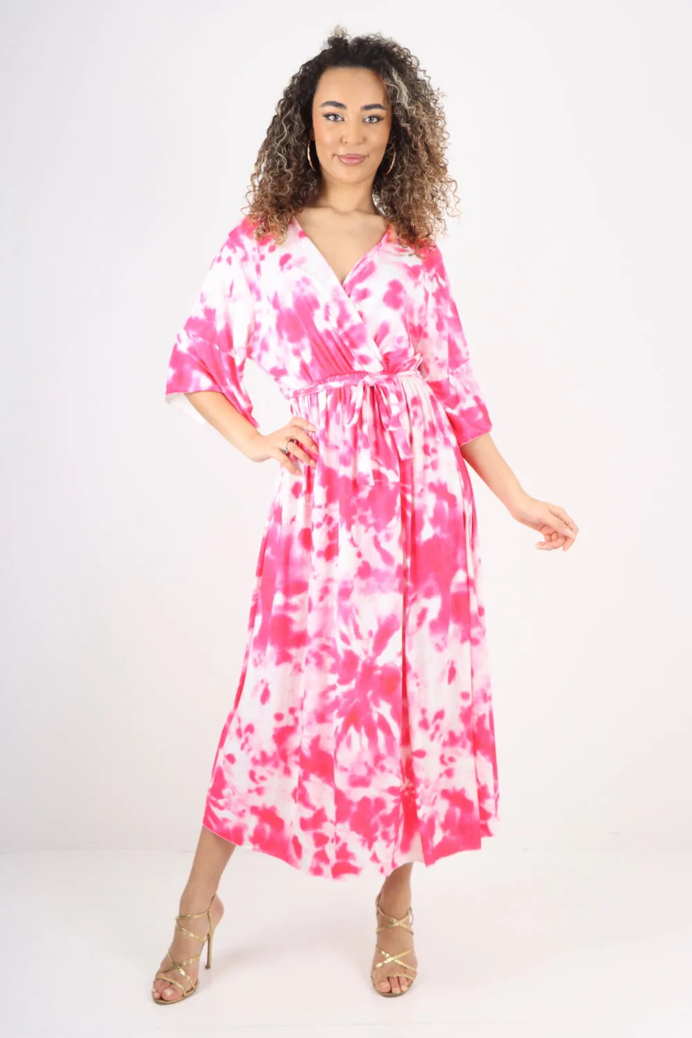 Italian Printed Elasticated Waist Tie Dye Wrap Over V Neck Maxi Dress