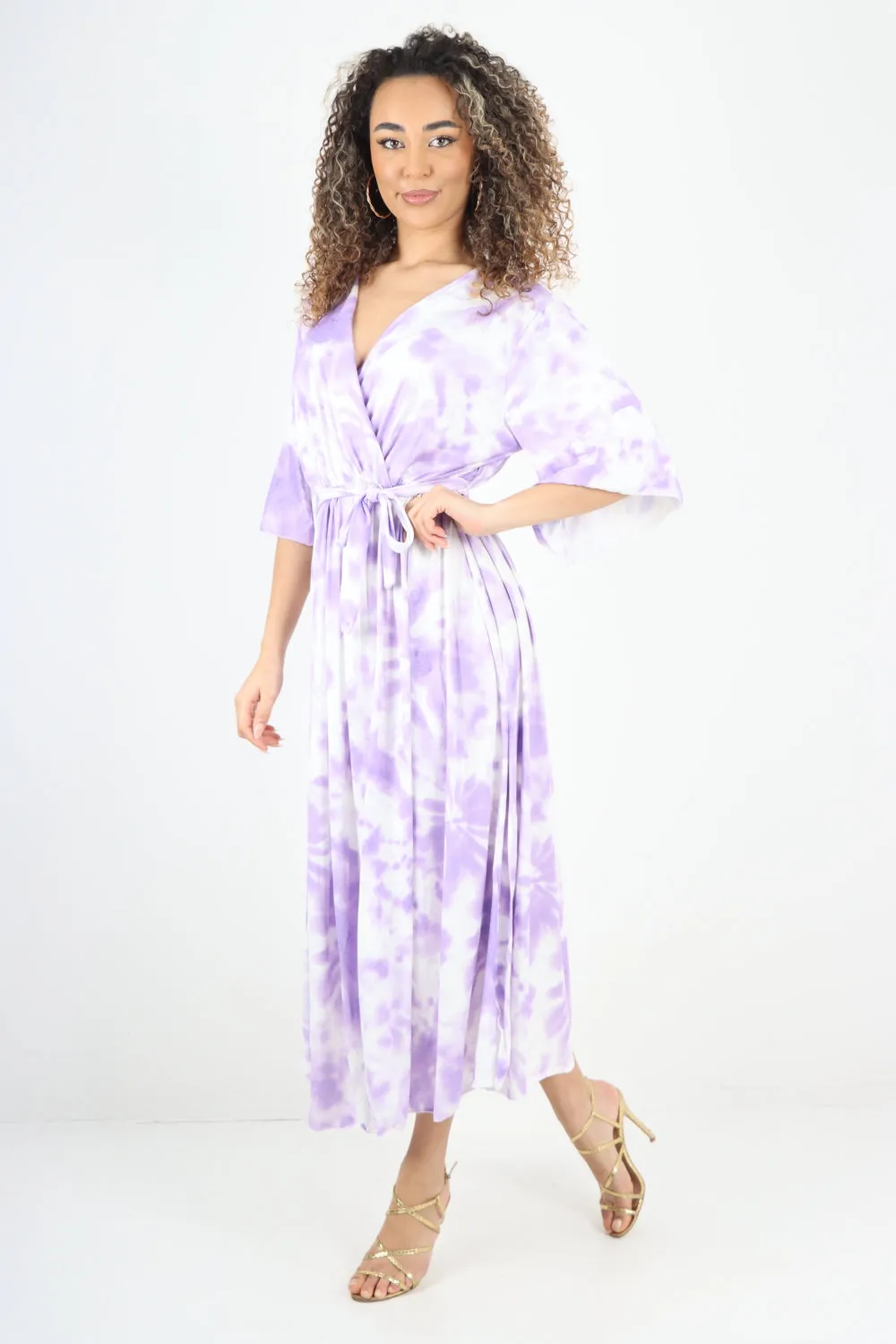 Italian Printed Elasticated Waist Tie Dye Wrap Over V Neck Maxi Dress