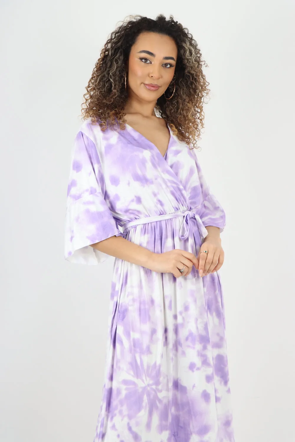 Italian Printed Elasticated Waist Tie Dye Wrap Over V Neck Maxi Dress
