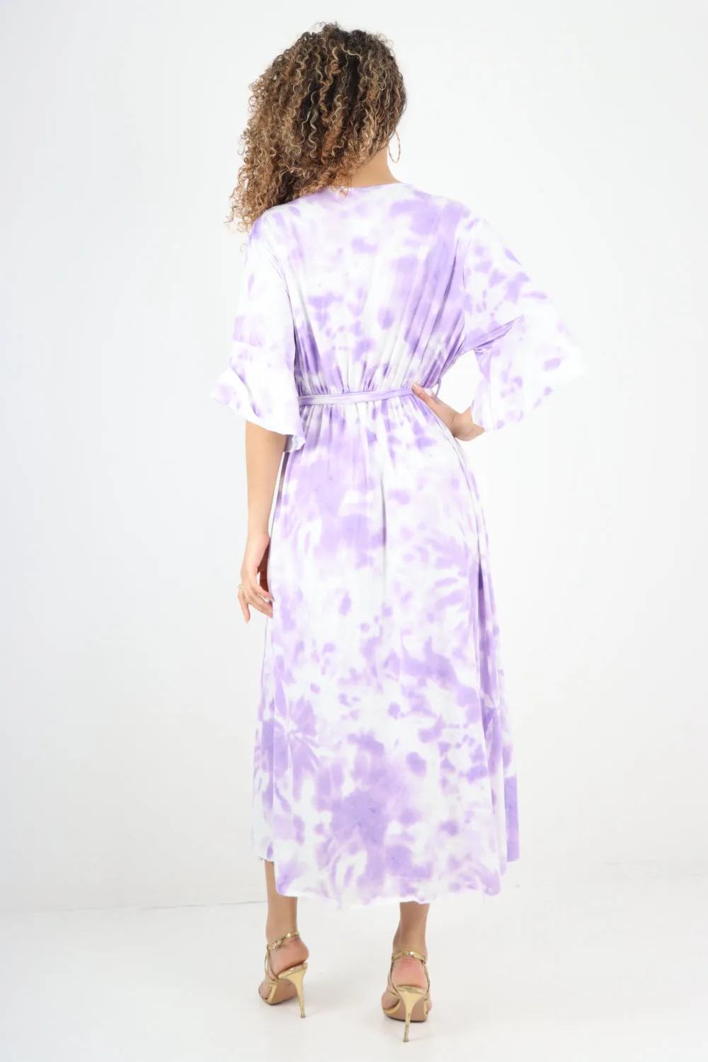 Italian Printed Elasticated Waist Tie Dye Wrap Over V Neck Maxi Dress