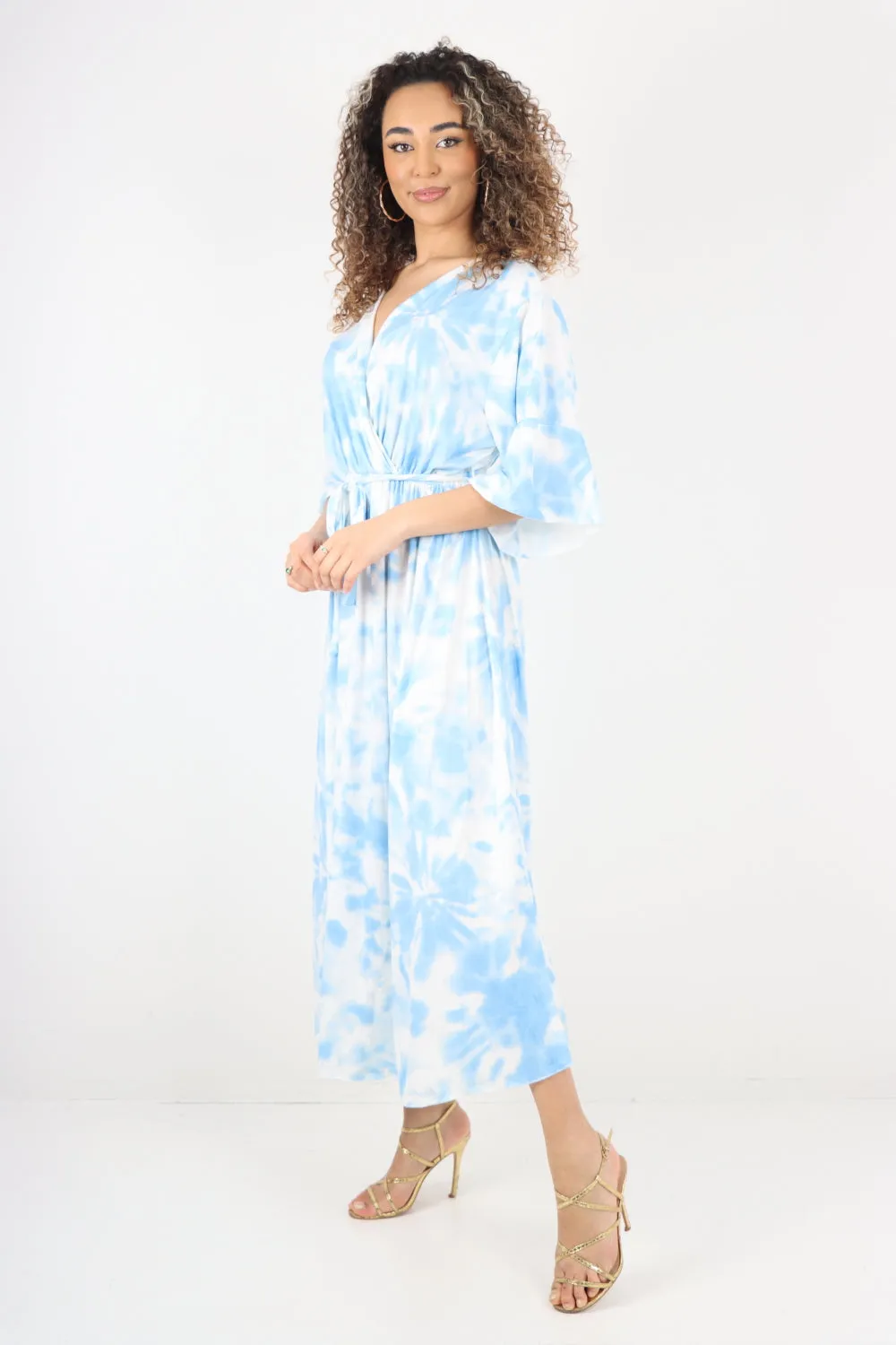 Italian Printed Elasticated Waist Tie Dye Wrap Over V Neck Maxi Dress
