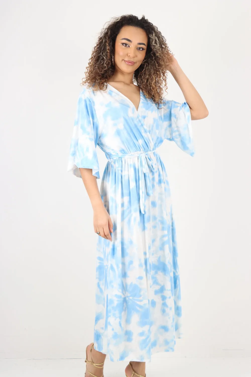 Italian Printed Elasticated Waist Tie Dye Wrap Over V Neck Maxi Dress