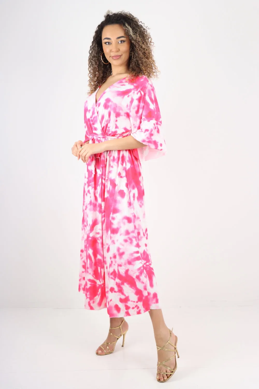 Italian Printed Elasticated Waist Tie Dye Wrap Over V Neck Maxi Dress