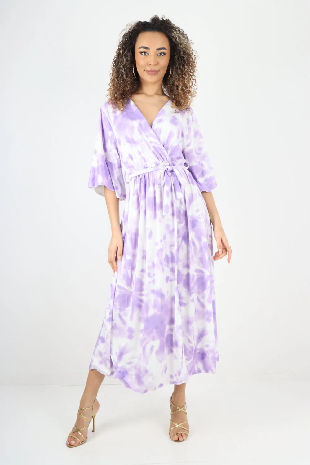 Italian Printed Elasticated Waist Tie Dye Wrap Over V Neck Maxi Dress