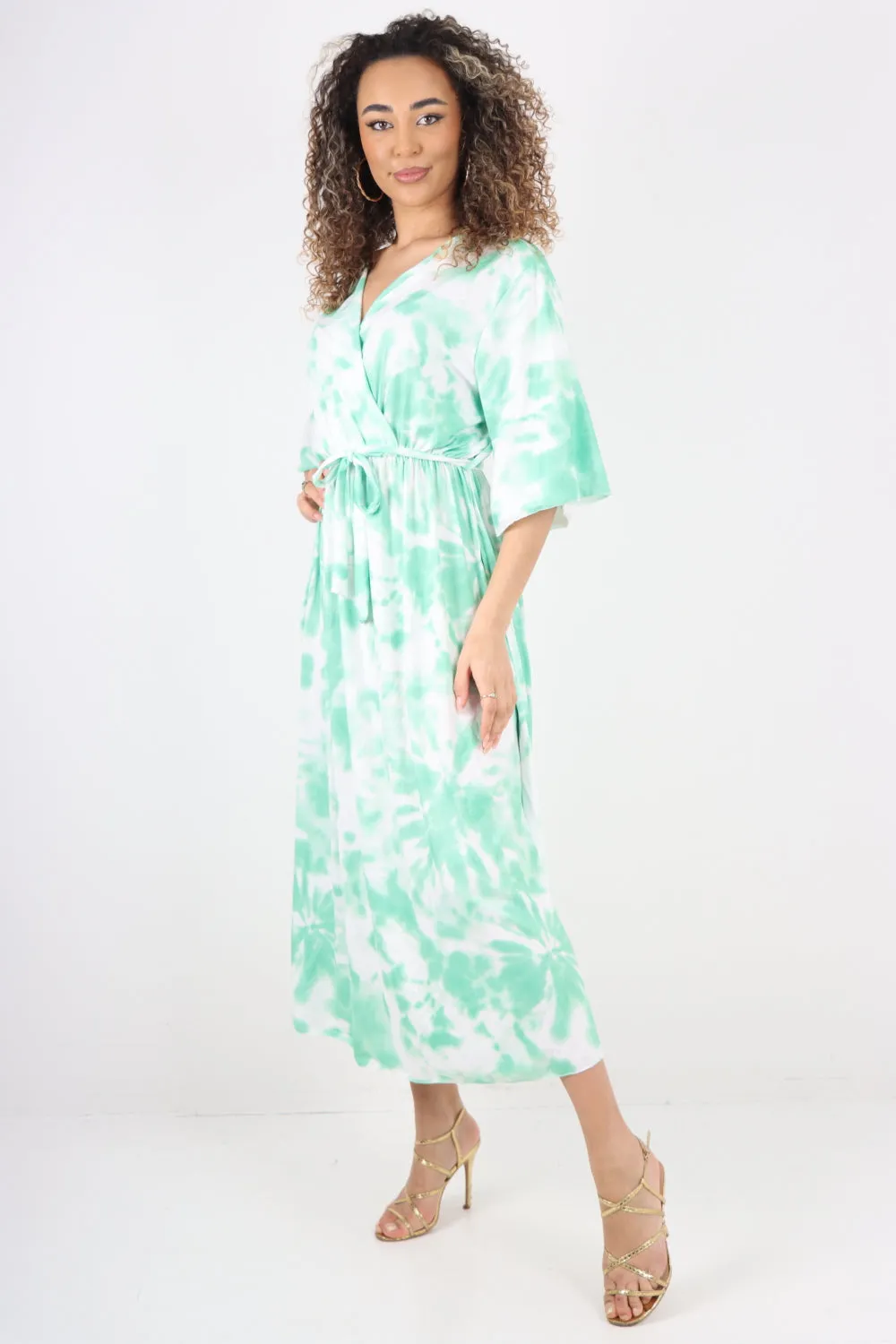 Italian Printed Elasticated Waist Tie Dye Wrap Over V Neck Maxi Dress