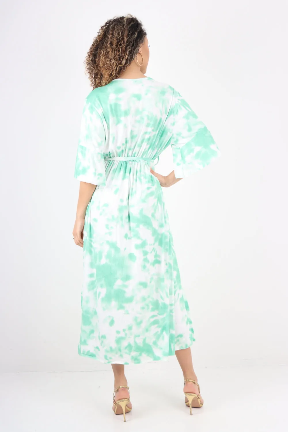 Italian Printed Elasticated Waist Tie Dye Wrap Over V Neck Maxi Dress