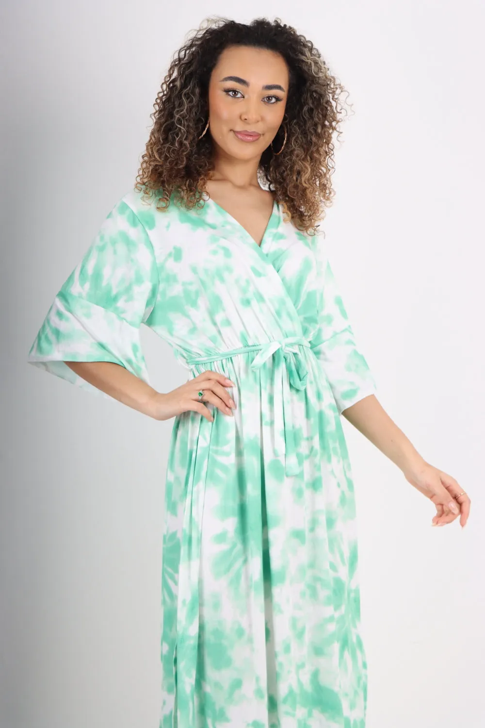 Italian Printed Elasticated Waist Tie Dye Wrap Over V Neck Maxi Dress