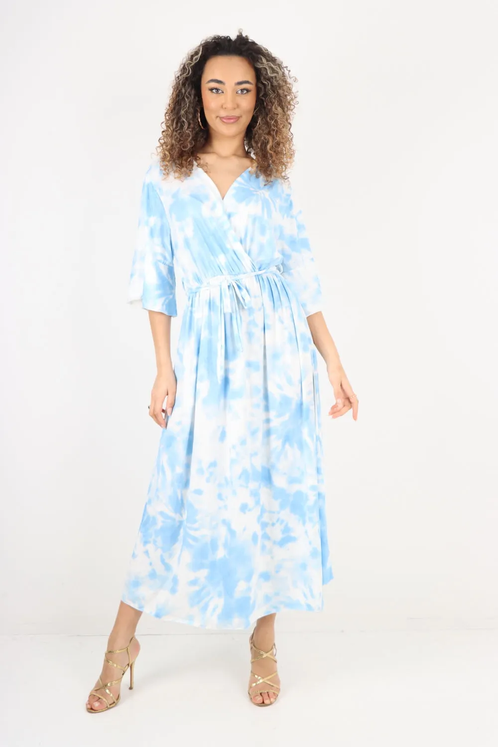 Italian Printed Elasticated Waist Tie Dye Wrap Over V Neck Maxi Dress