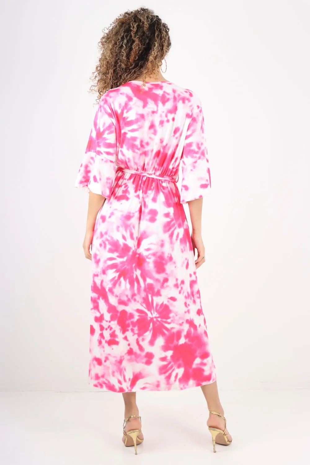 Italian Printed Elasticated Waist Tie Dye Wrap Over V Neck Maxi Dress
