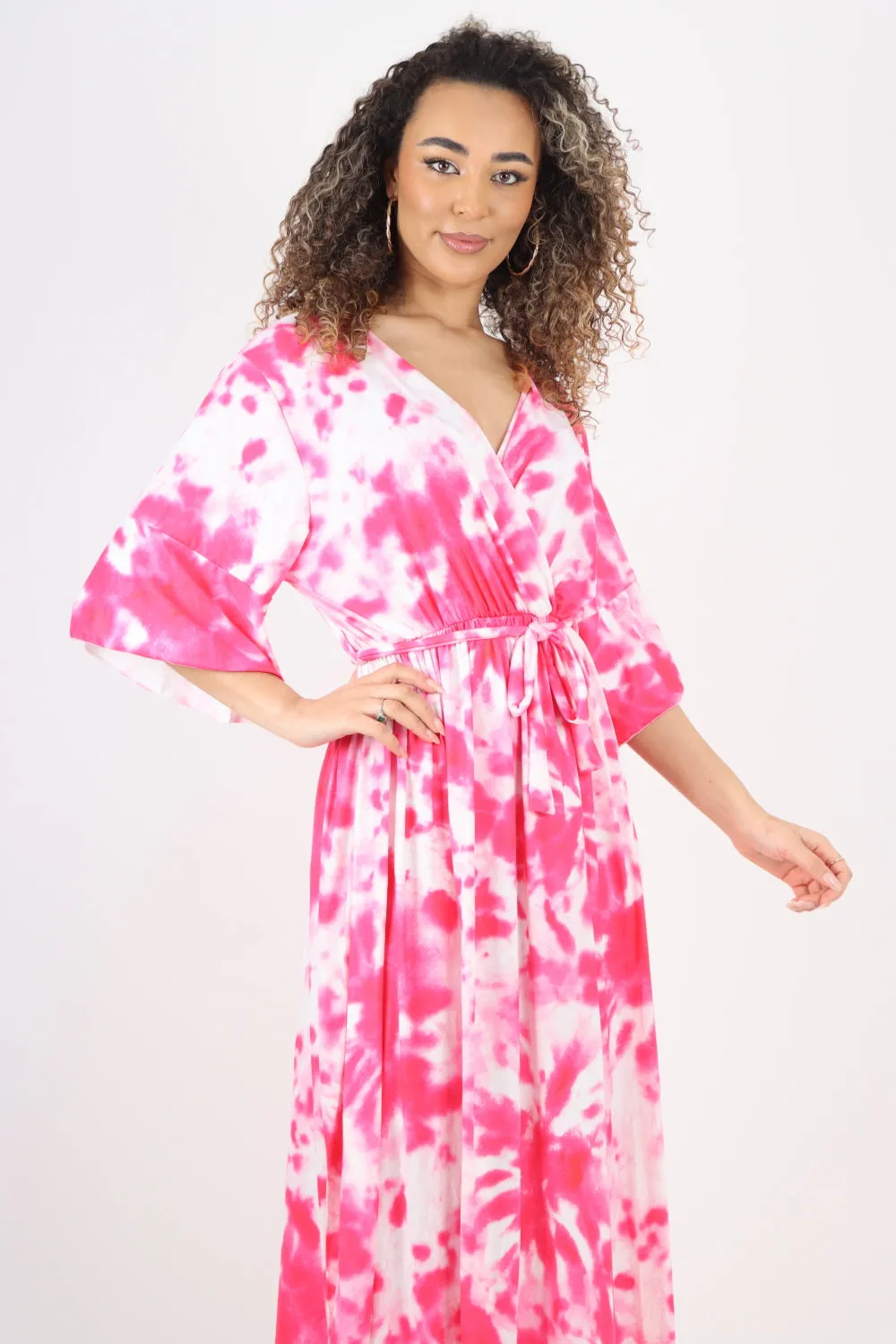 Italian Printed Elasticated Waist Tie Dye Wrap Over V Neck Maxi Dress