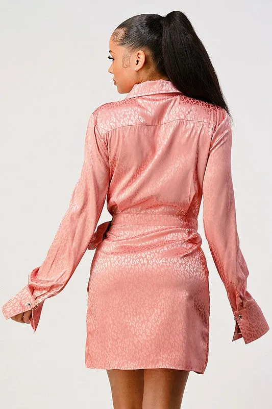 Leopard Print Wrap Double Pocket Shirt Mini Dress