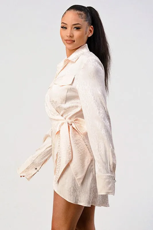 Leopard Print Wrap Double Pocket Shirt Mini Dress