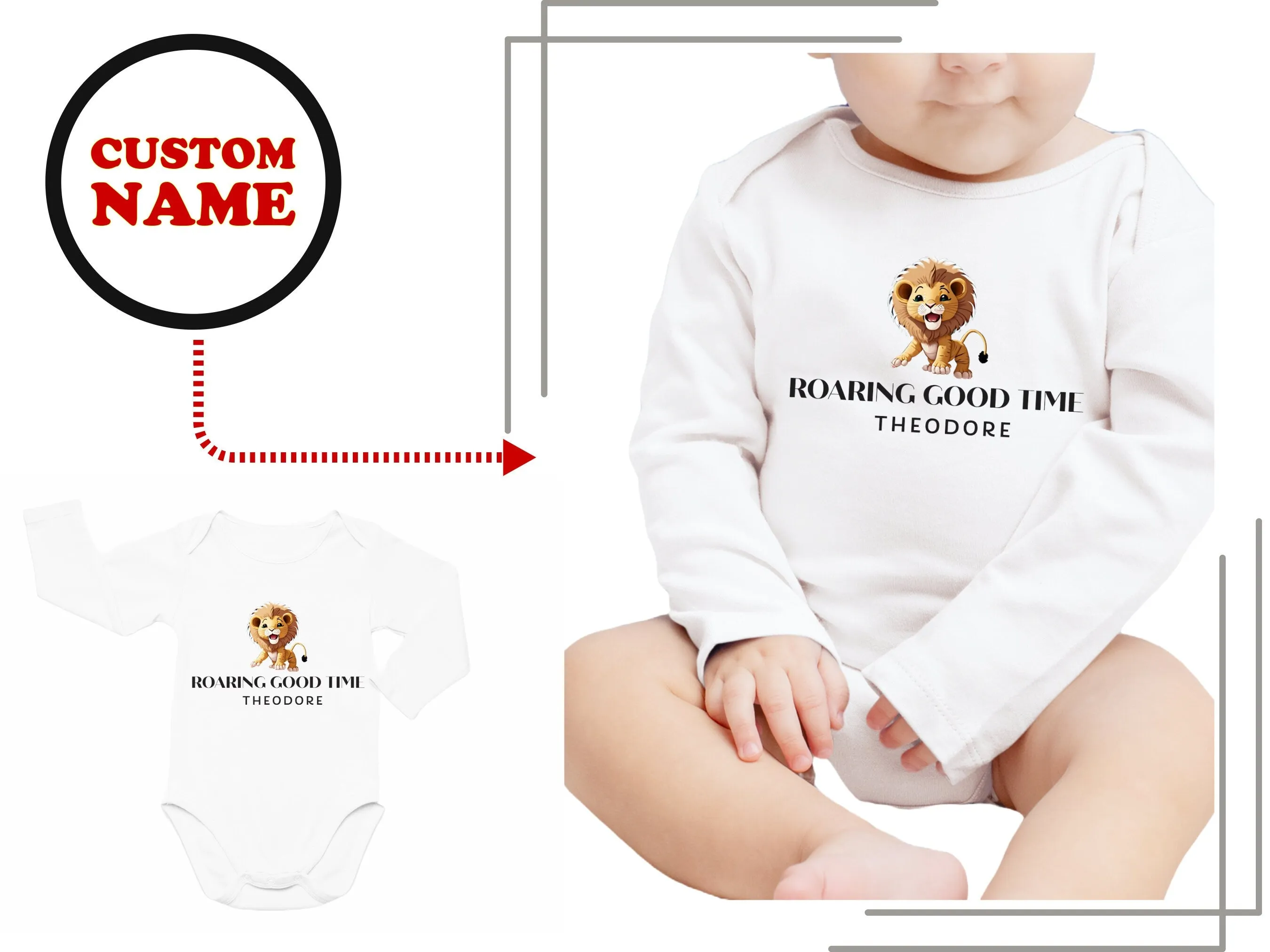 Long Sleeve Custom Name Baby Boy Baby Bodysuit, Roaring Good Time Bodysuit