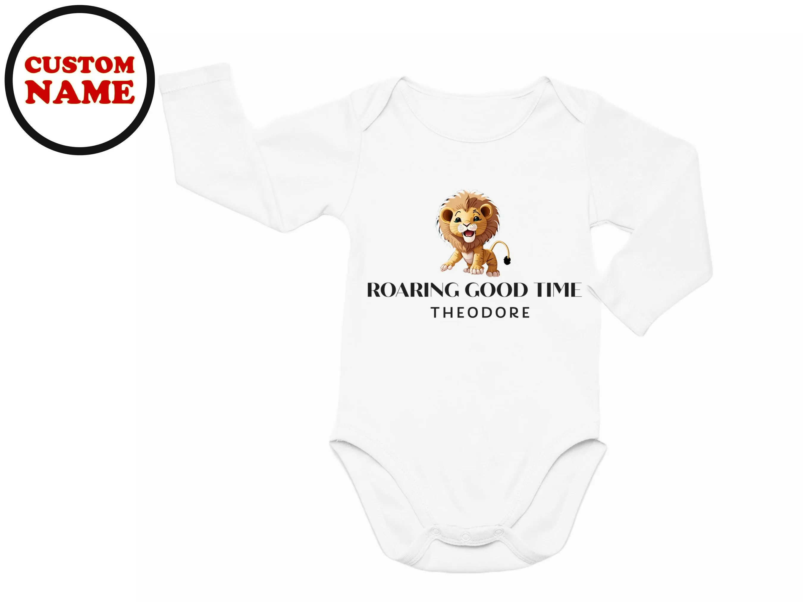 Long Sleeve Custom Name Baby Boy Baby Bodysuit, Roaring Good Time Bodysuit