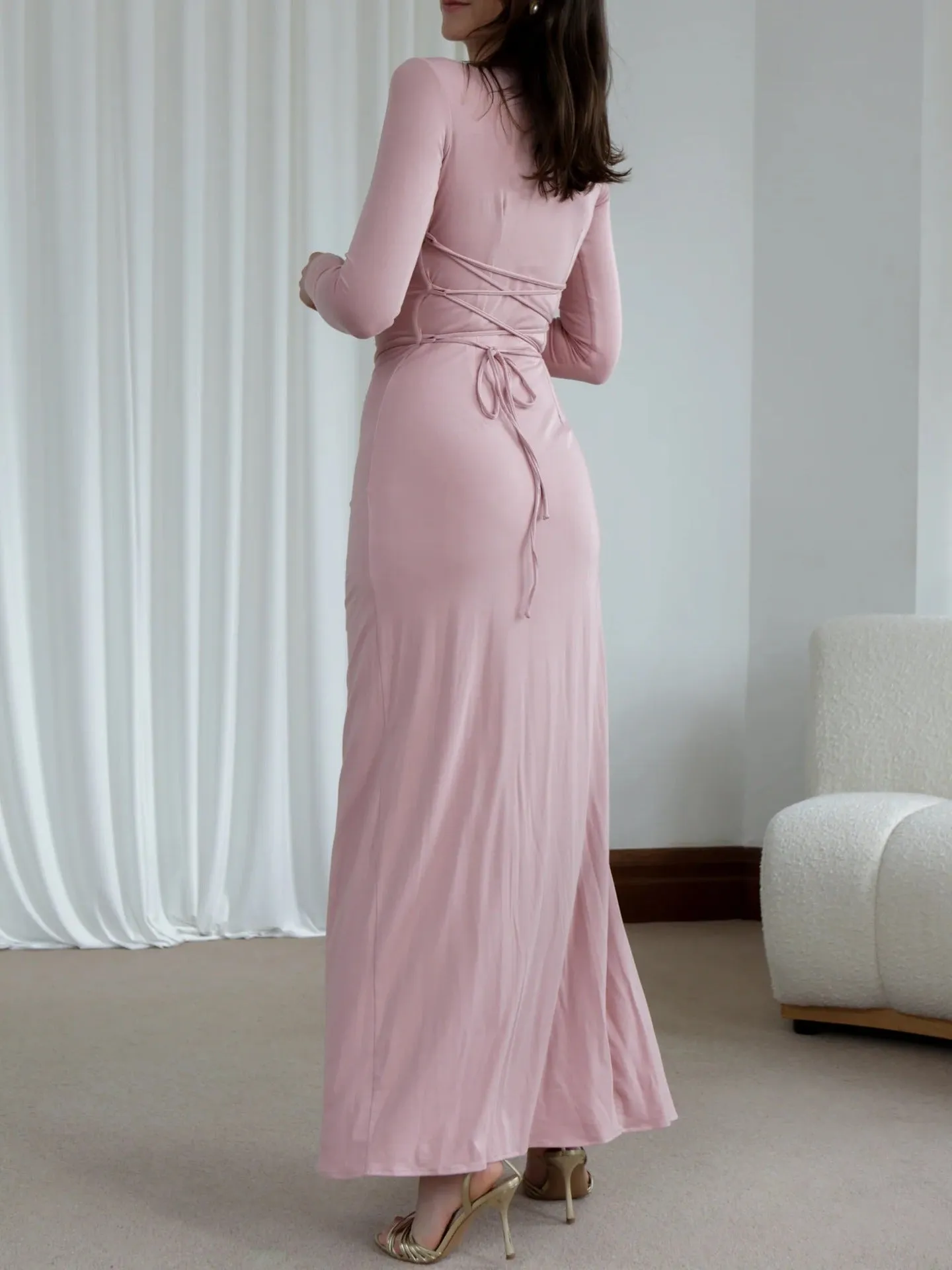 Long Sleeve Slim Fit Dress Casual Lace Up Stretch Maxi Dress
