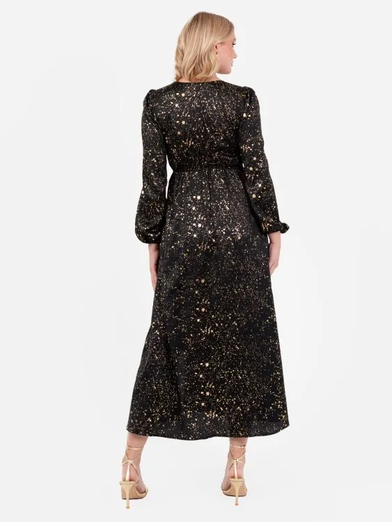 Lovedrobe Black Faux Wrap Midi Dress With Gold Detail