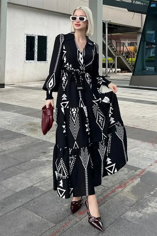 MDX Black Patterned Wrap Neck Long Women's Dress MG2052 - Holyoke