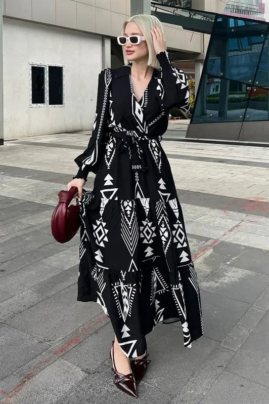 MDX Black Patterned Wrap Neck Long Women's Dress MG2052 - Holyoke