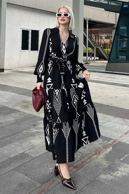 MDX Black Patterned Wrap Neck Long Women's Dress MG2052 - Holyoke