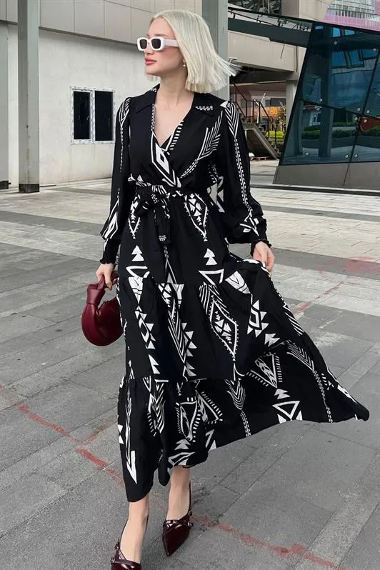 MDX Black Patterned Wrap Neck Long Women's Dress MG2052 - Holyoke