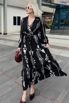 MDX Black Patterned Wrap Neck Long Women's Dress MG2052 - Holyoke