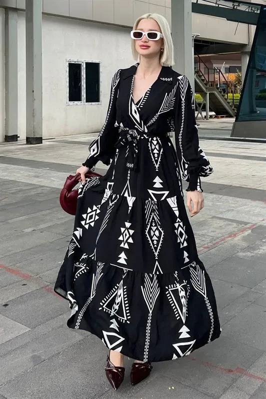 MDX Black Patterned Wrap Neck Long Women's Dress MG2052 - Holyoke