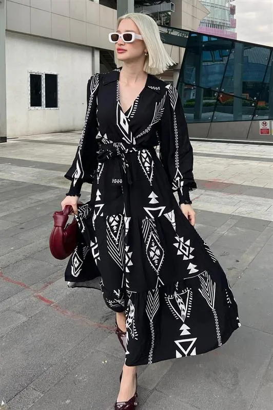 MDX Black Patterned Wrap Neck Long Women's Dress MG2052 - Holyoke