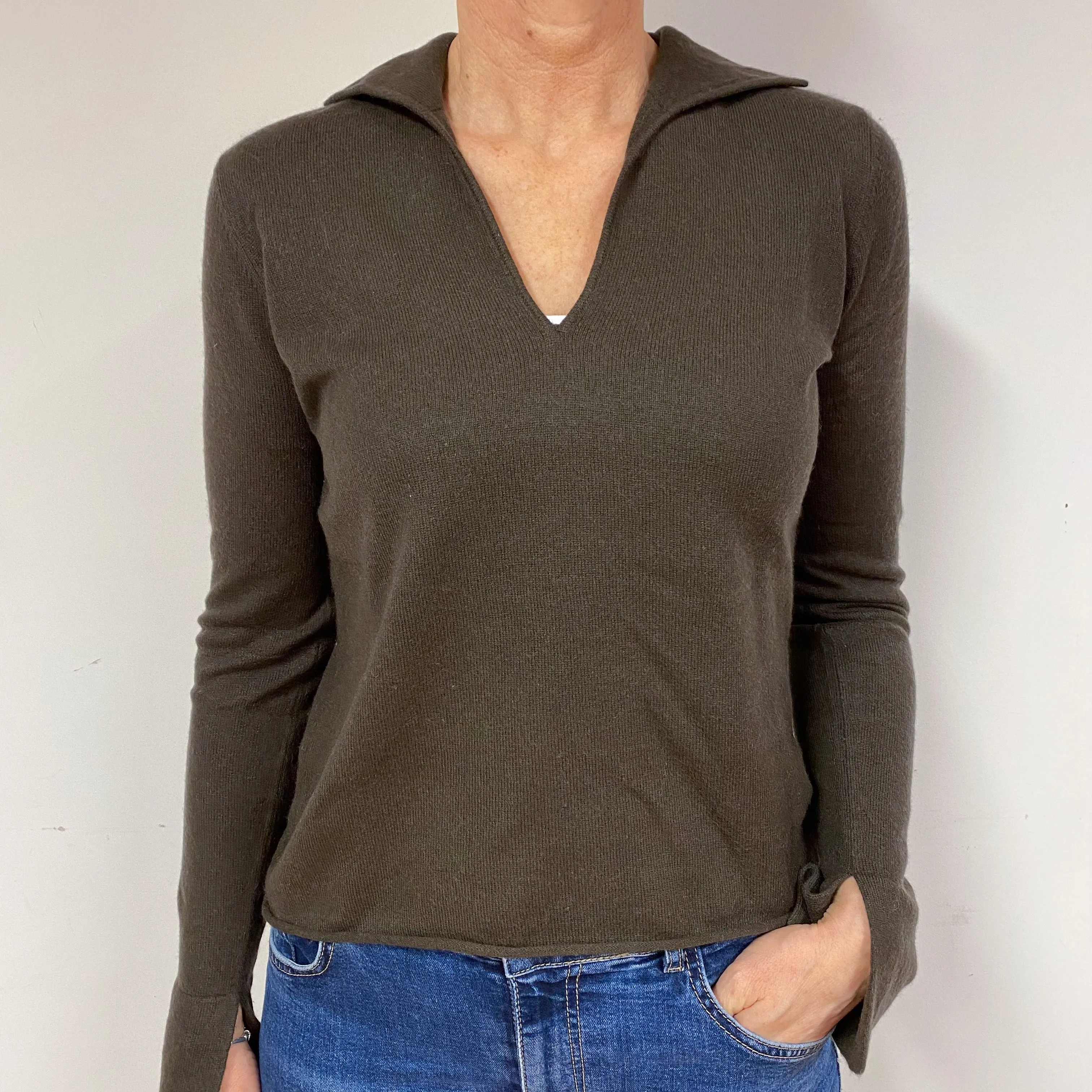 Peppercorn Brown Cashmere Collared V-Neck Jumper Medium