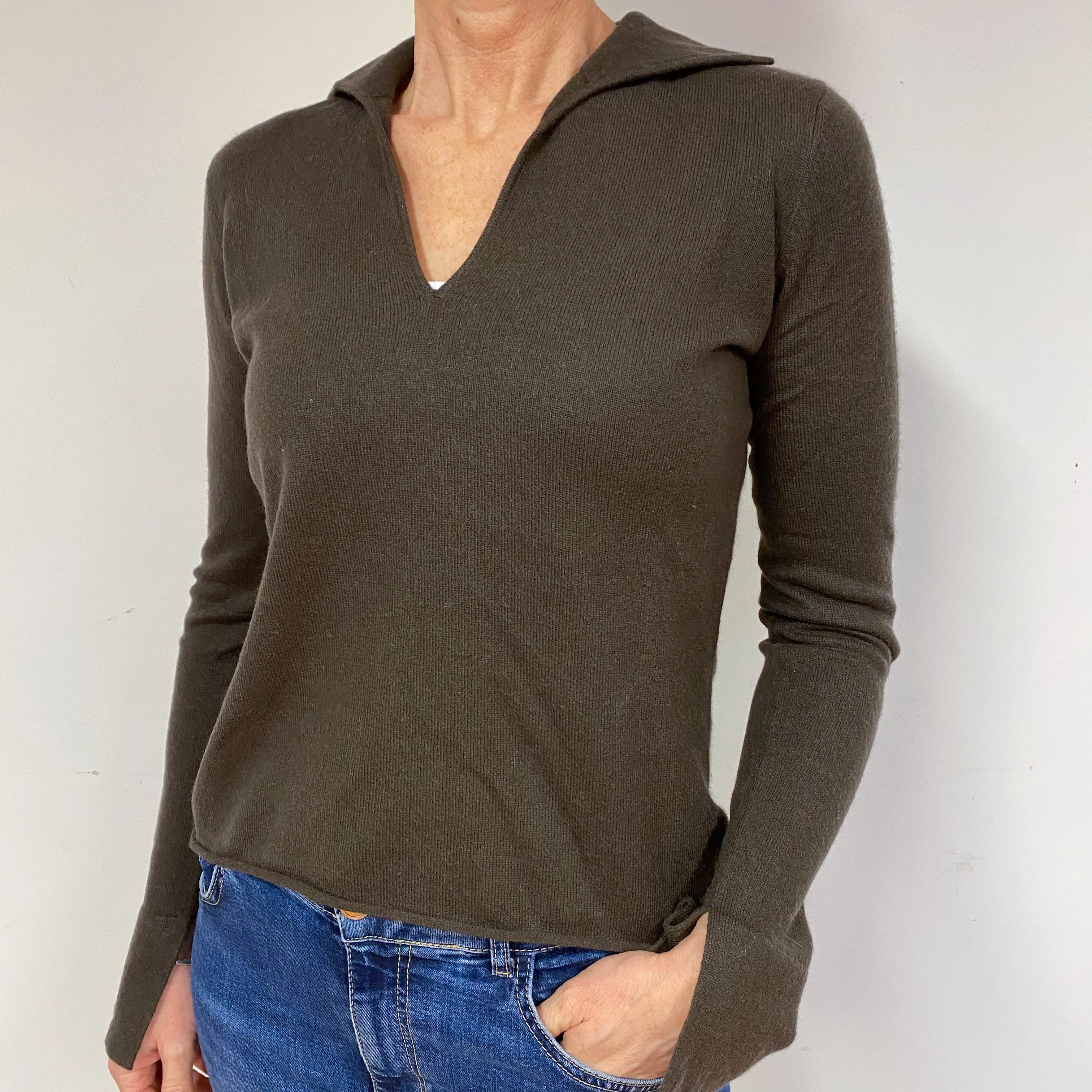 Peppercorn Brown Cashmere Collared V-Neck Jumper Medium