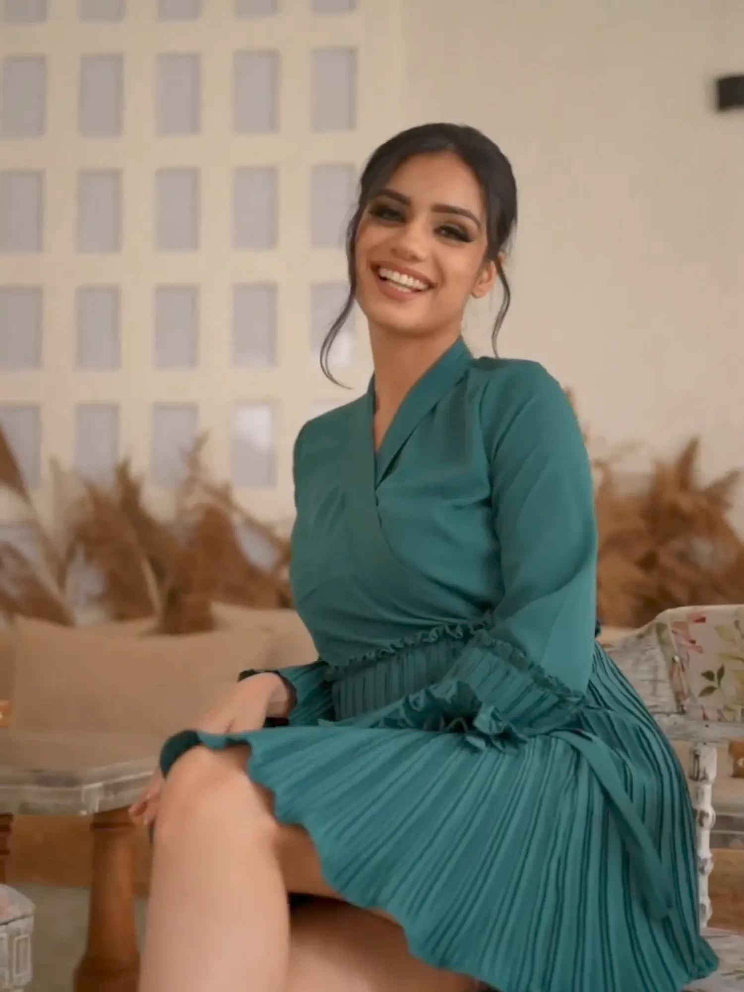 Pleated Wrap Teal Dress