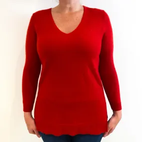 Scarlet Red Cashmere V-Neck Jumper with Side Splits Large