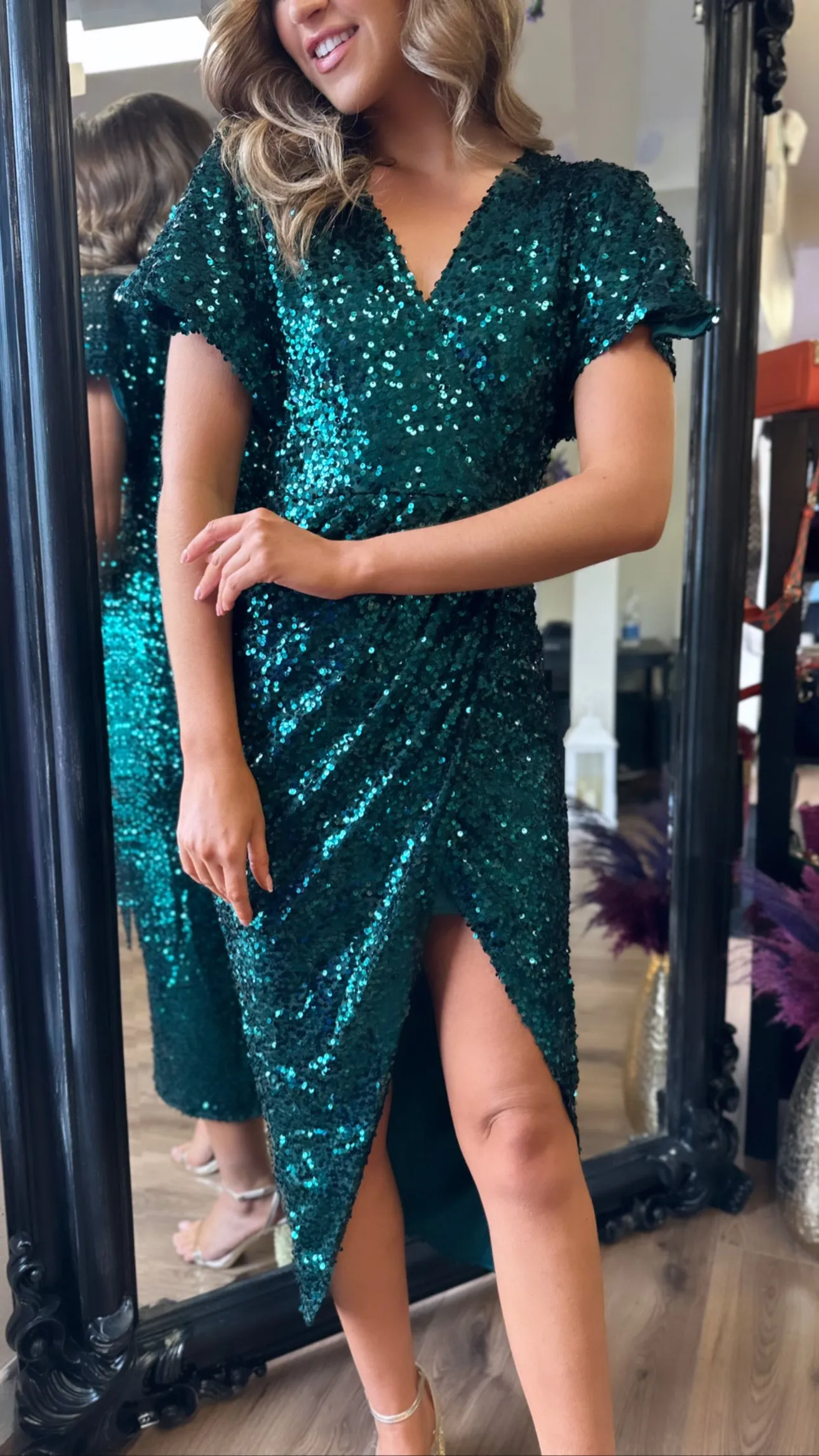 Shalima Green Sequin Wrap Over Maxi Dress