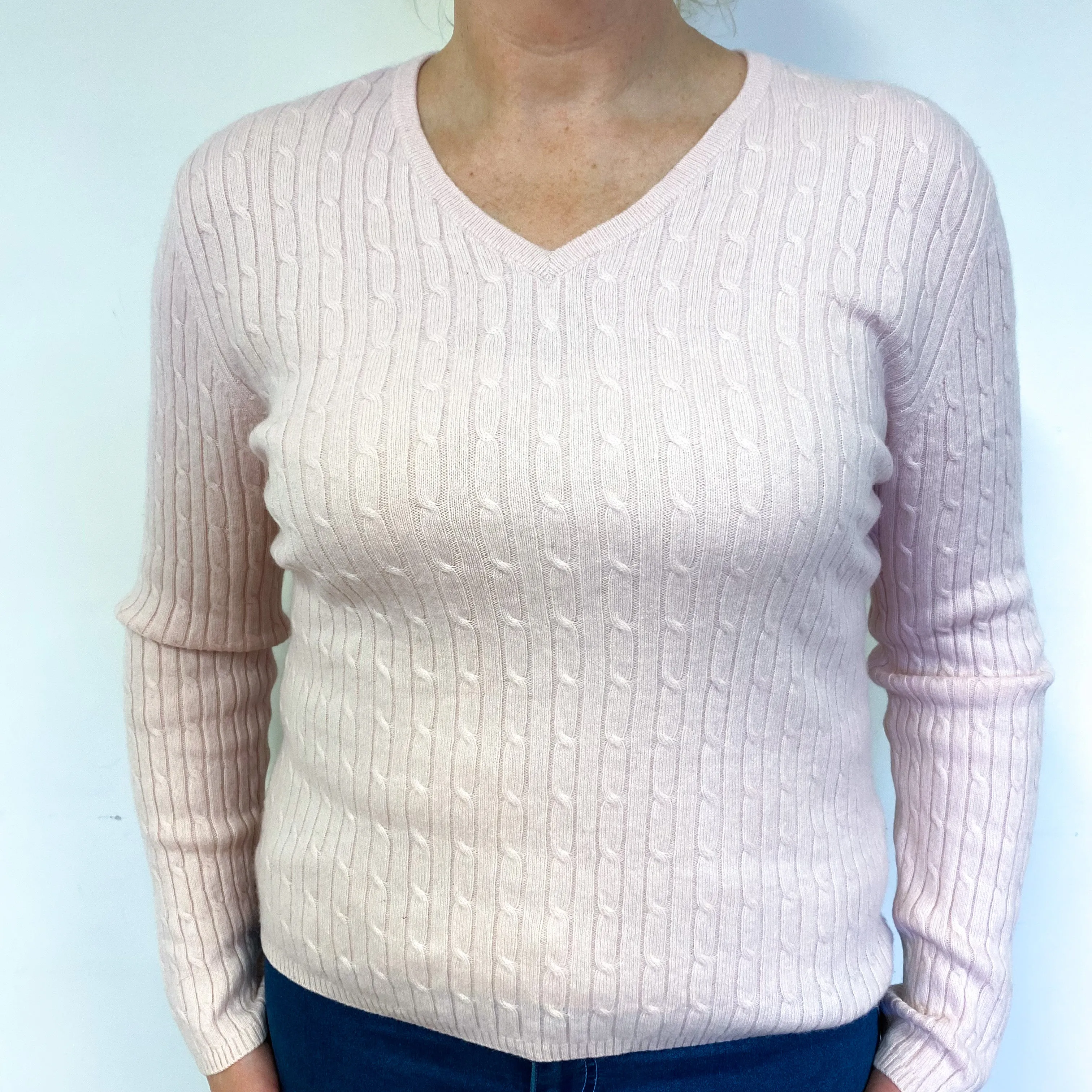 Shell Pink Cable Cashmere V-Neck Jumper Large