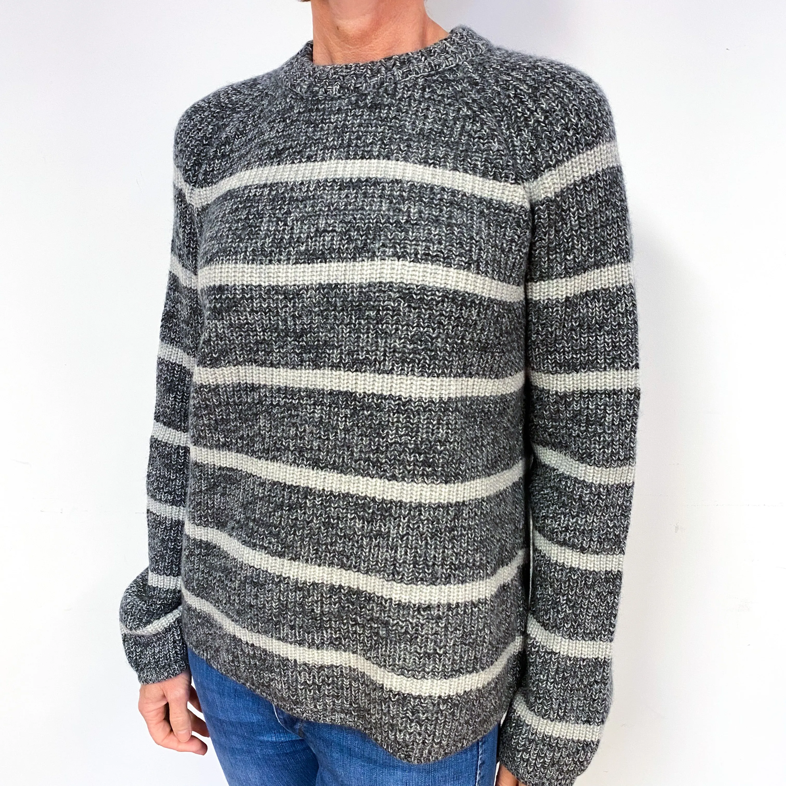 Slate and Mist Grey Chunky Marl Knit Cashmere Crew Neck Jumper Medium