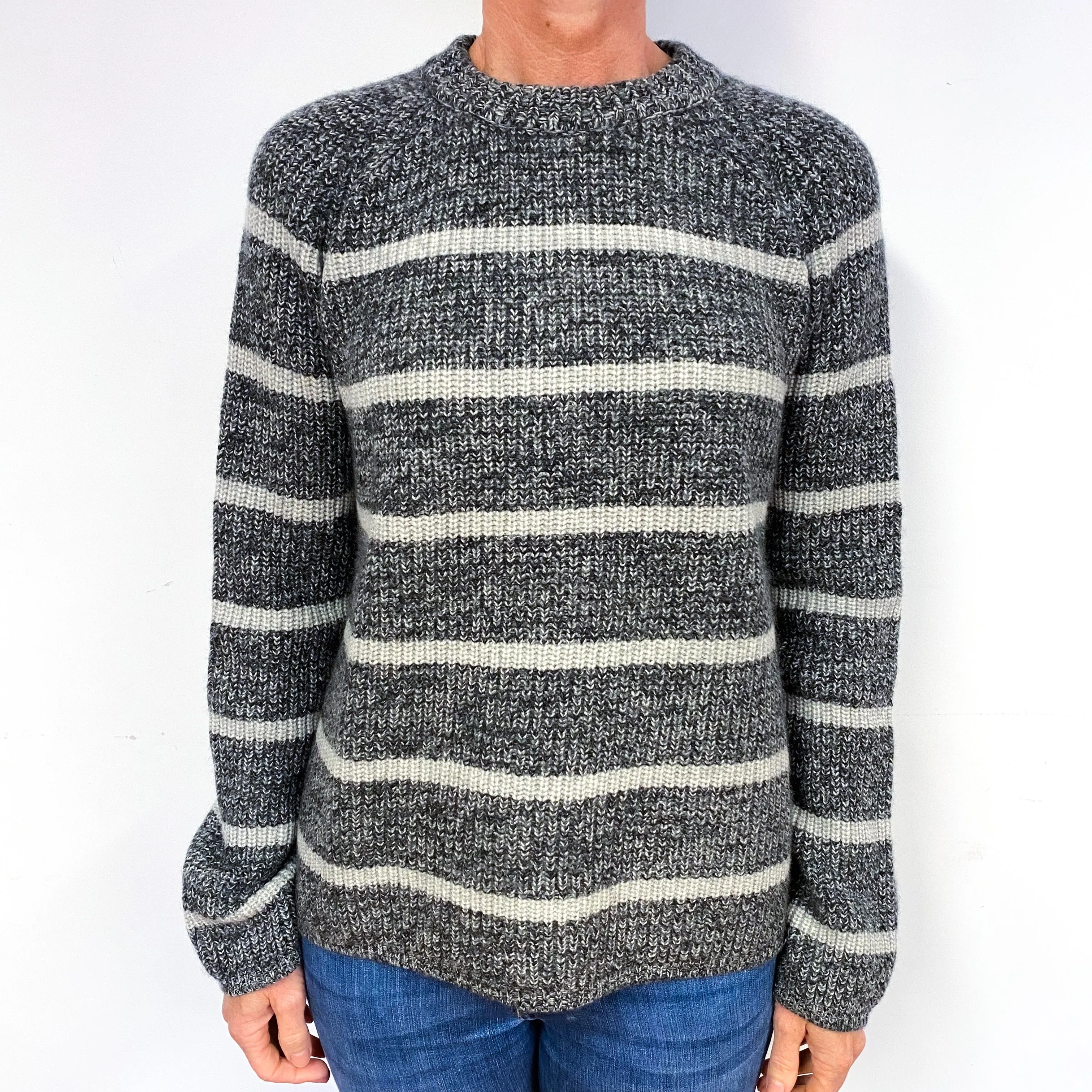 Slate and Mist Grey Chunky Marl Knit Cashmere Crew Neck Jumper Medium