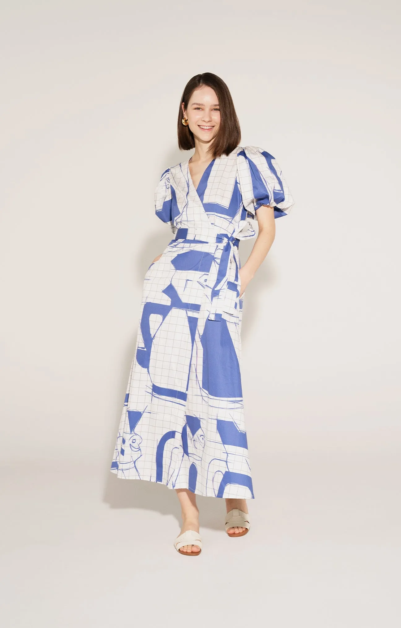 SZOMJAS puff sleeve wrap dress 'Sketch'