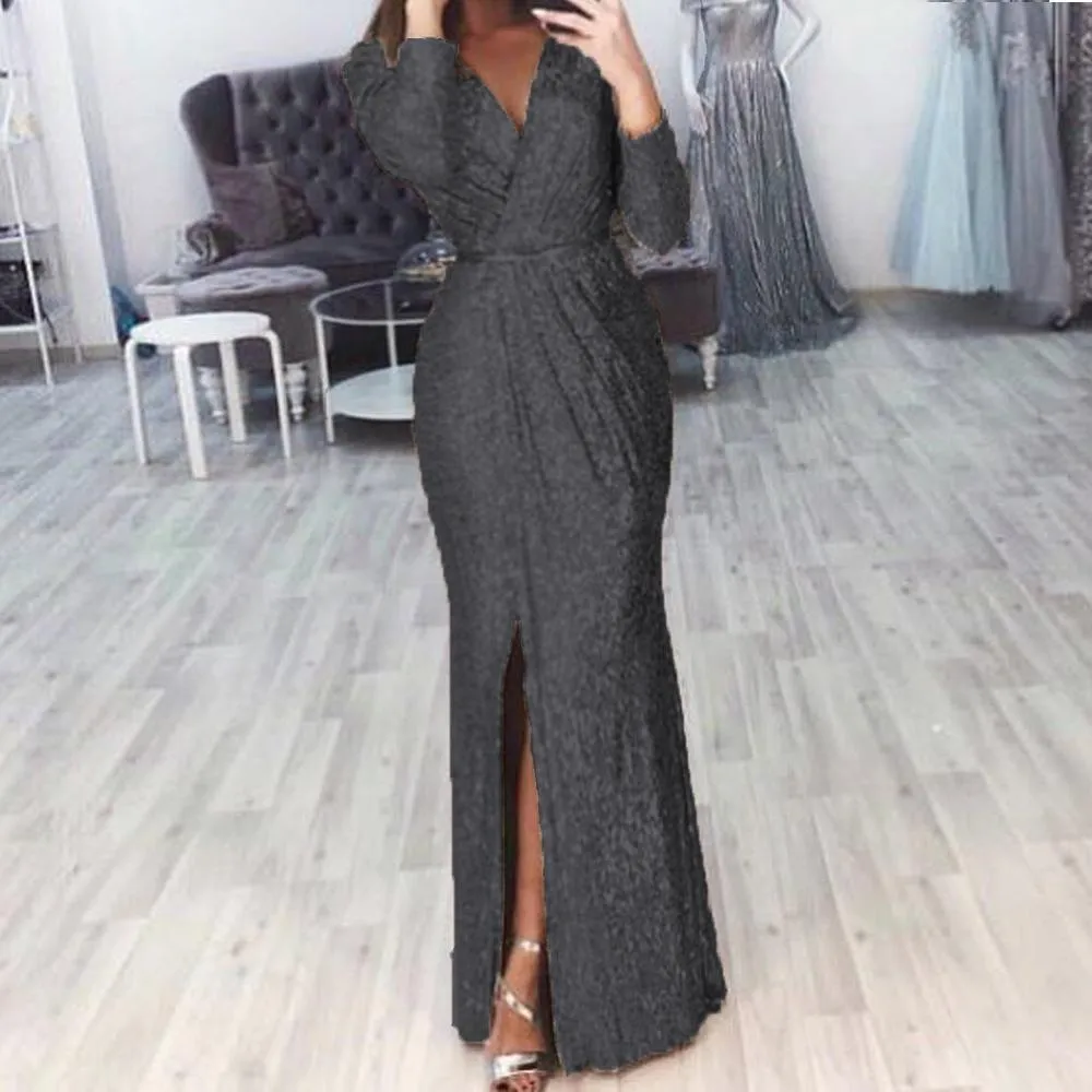 Women evening party glitter v neck maxi wrap dress